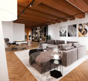 3D rendering van een penthouse woonkamer in Rotterdam