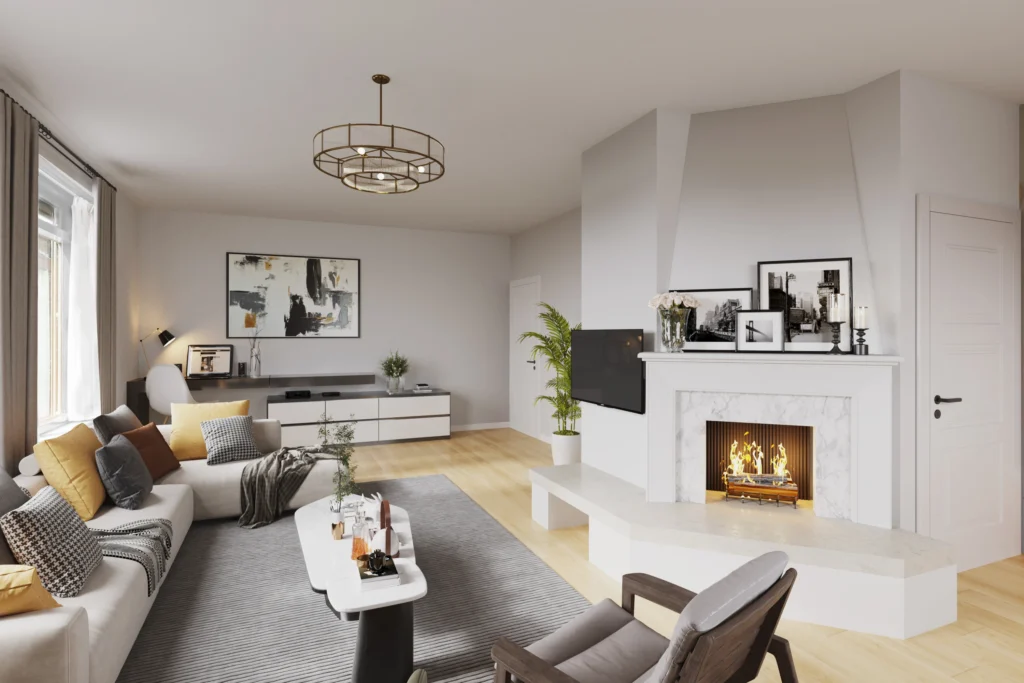 Verkoopstyling van een woonkamer met virtual staging