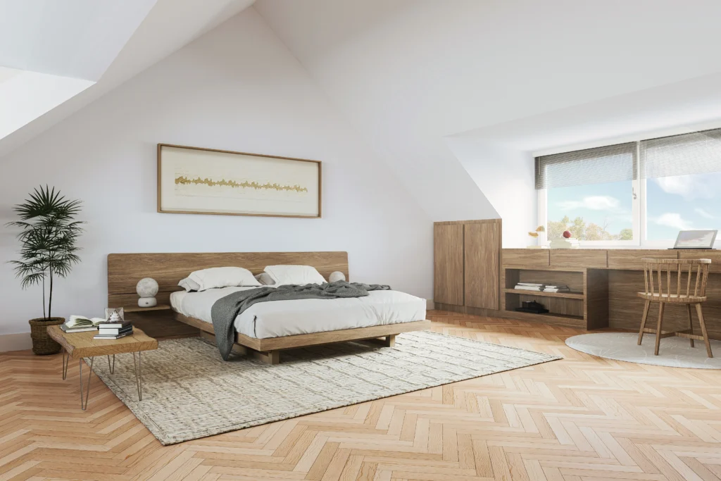 3d render van een slaapkamer met nieuwe dakkapel