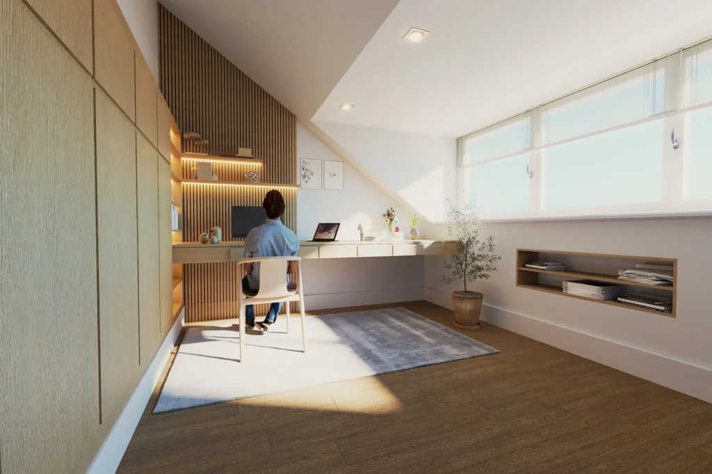 3d visualisatie van een werkkamer op zolder met een dakkapel