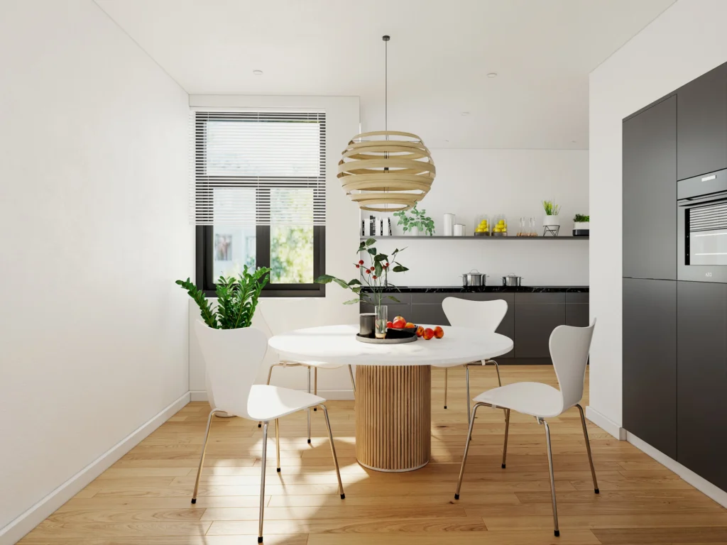 3D inrichting bovenwoning eetkamer in Rotterdam met keuken