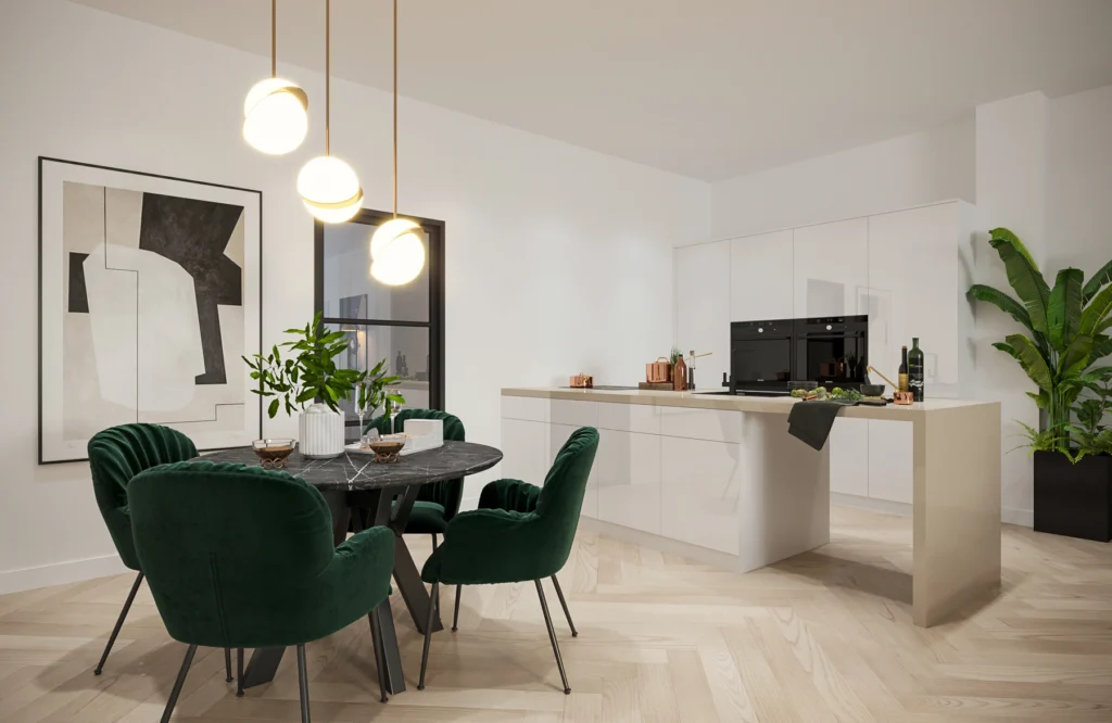 Interieur 3d impressies van de keuken van een garage transformatie in Haarlem
