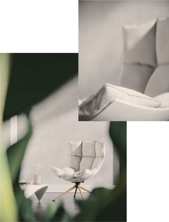 Product visualisaties van een designer stoel met een close-up shot